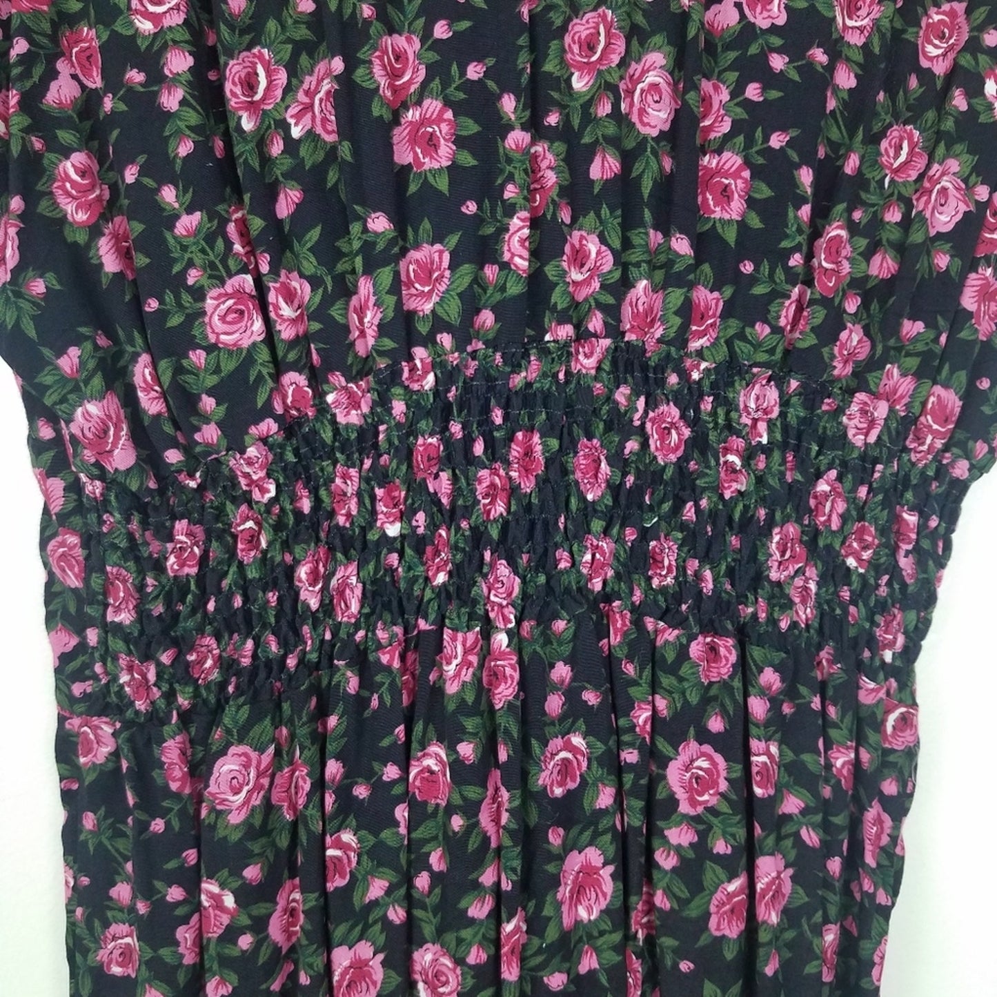 Vintage Pink Rose Print Shirt Dress Black Gold Buttons 8