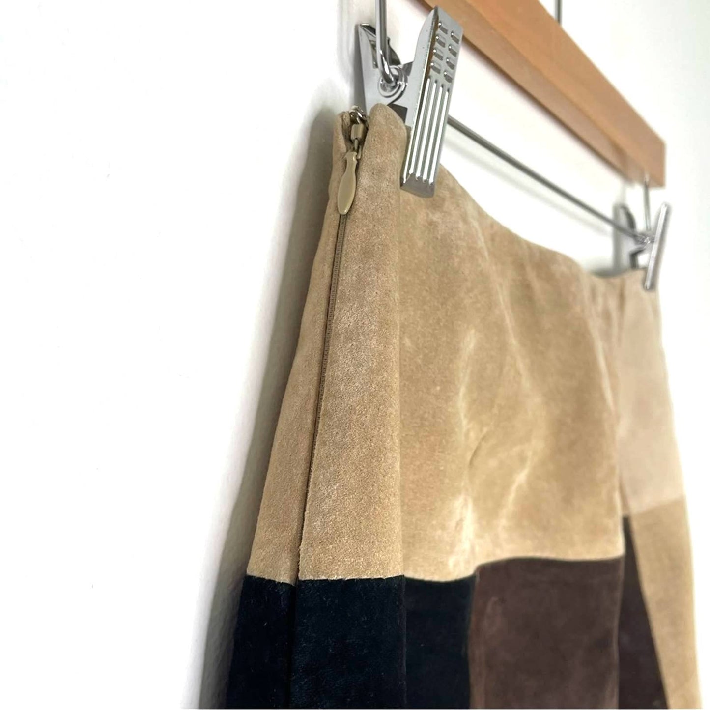 Leather Skirt Suede Brown Tan Black Block Print