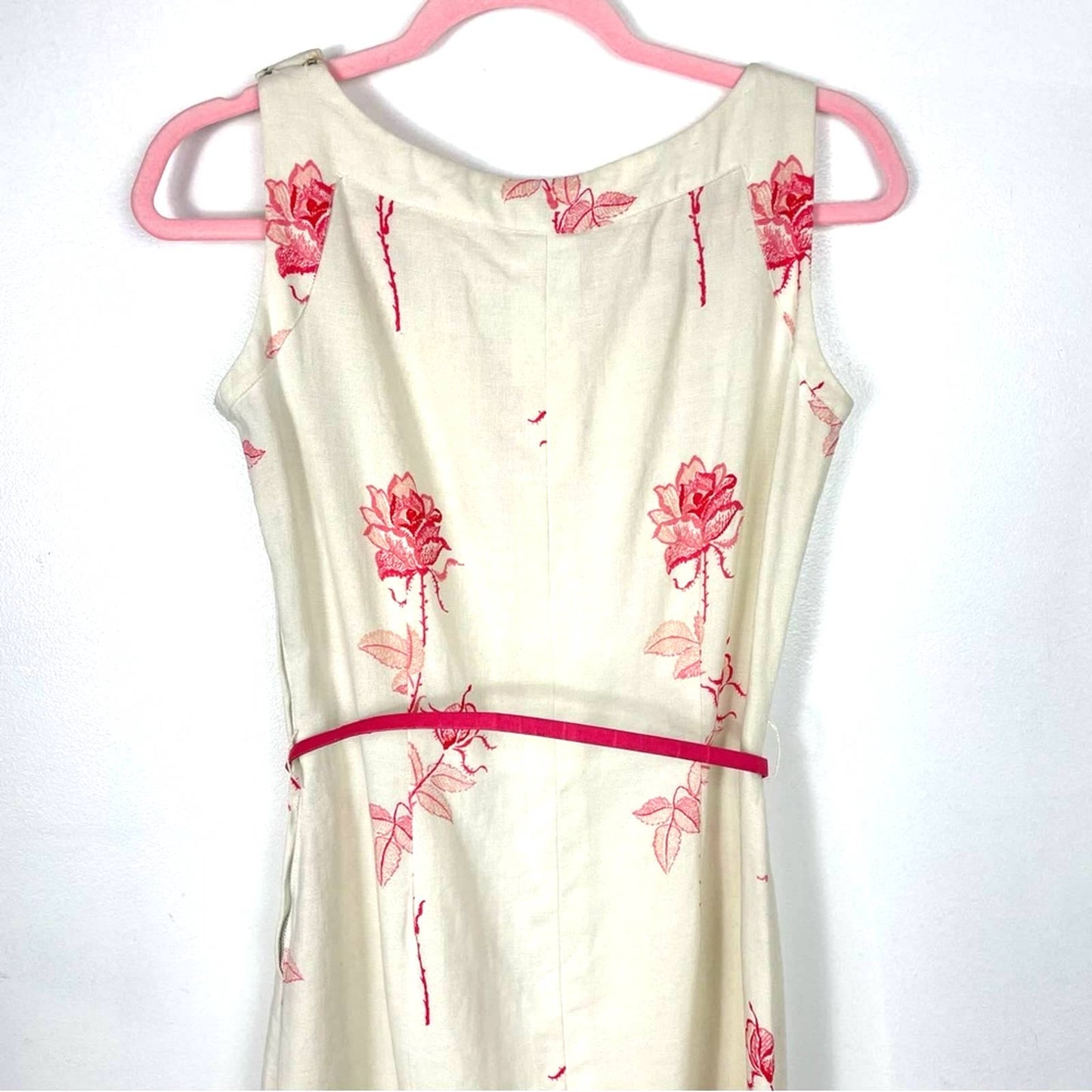 Vintage White Sun Dress Handmade 1960 Roses Red Pink