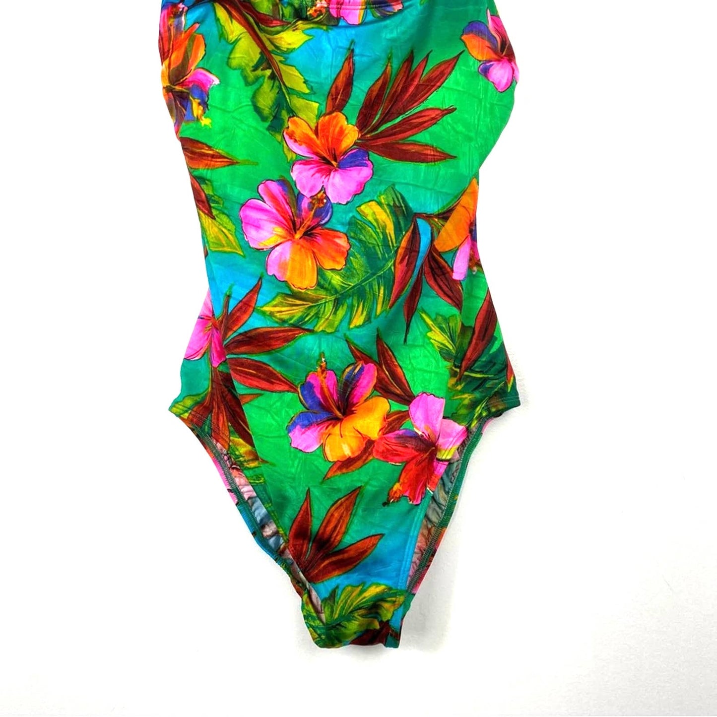 Vintage Tropical Bathing Suit One Piece Pink Green Floral Hawaiian 14
