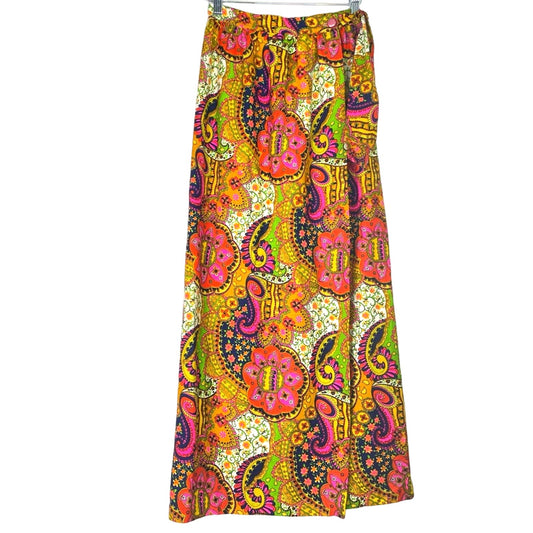 Vintage Maxi Skirt 1960s Paisley Bright Colors Pink Yellow S