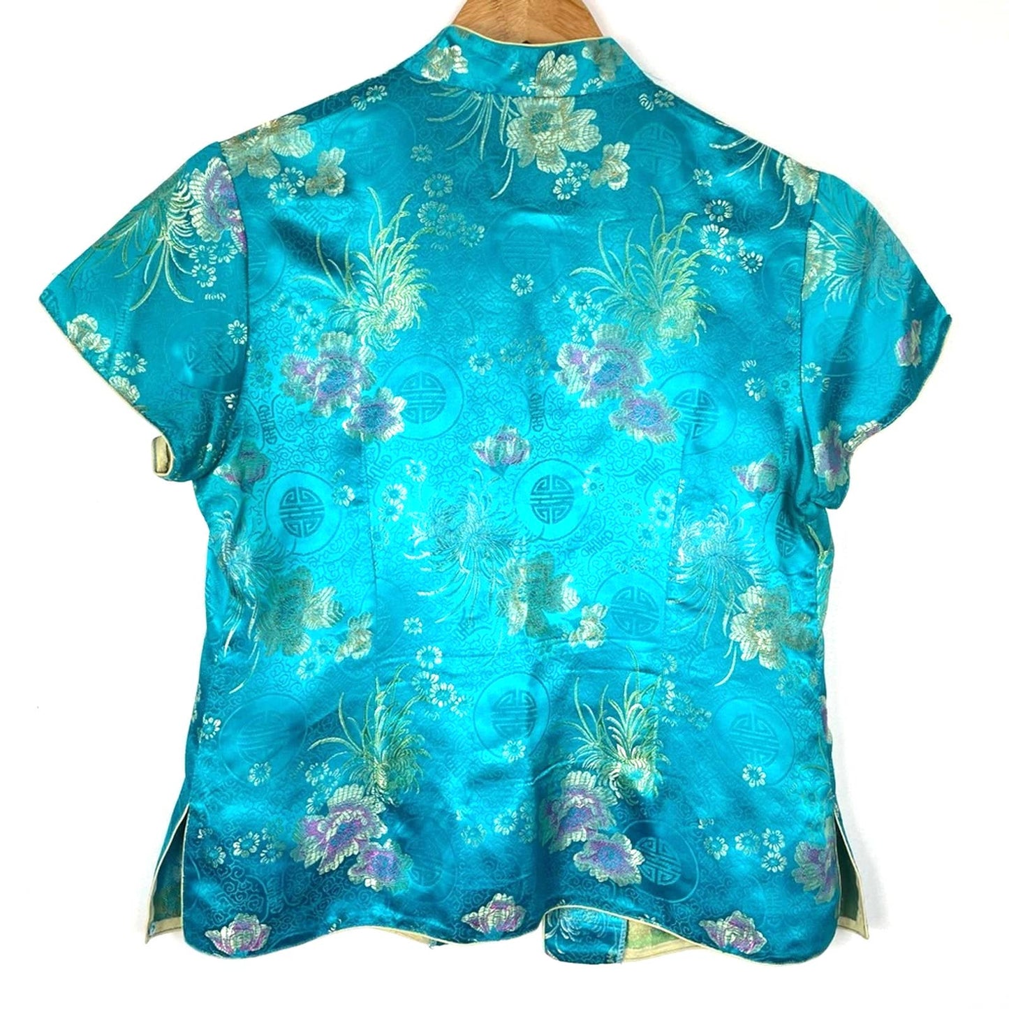 Vintage Silk Top Asian Style Button Down Blouse Blue