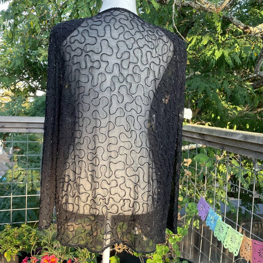 Vintage Silk Beaded Blouse Black Sheer Top