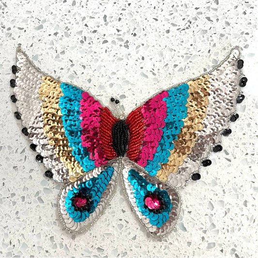 Vintage Butterfly Sequin Patch Large Light Blue Turquoise & Dark Blue