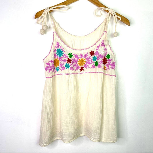 Vintage White Tank Top Flowers Embroidered Pom Poms