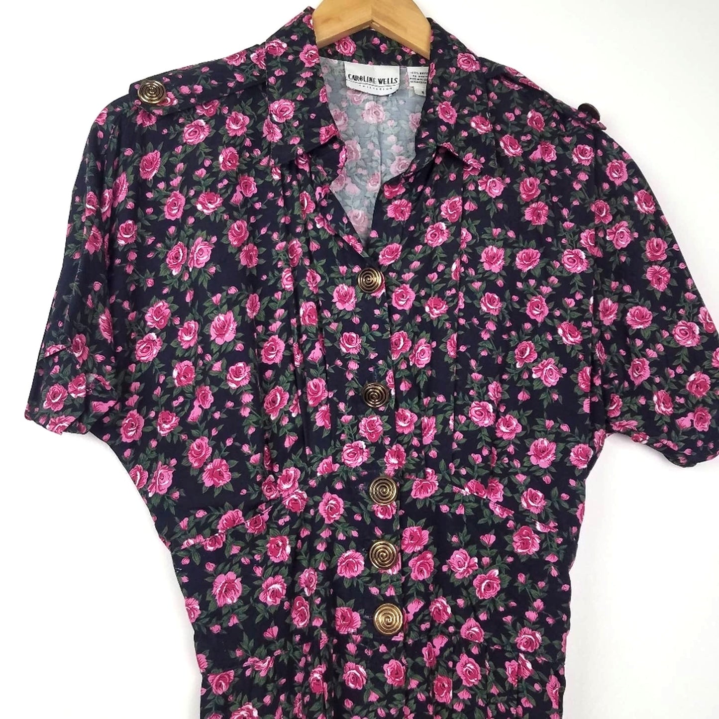 Vintage Pink Rose Print Shirt Dress Black Gold Buttons 8
