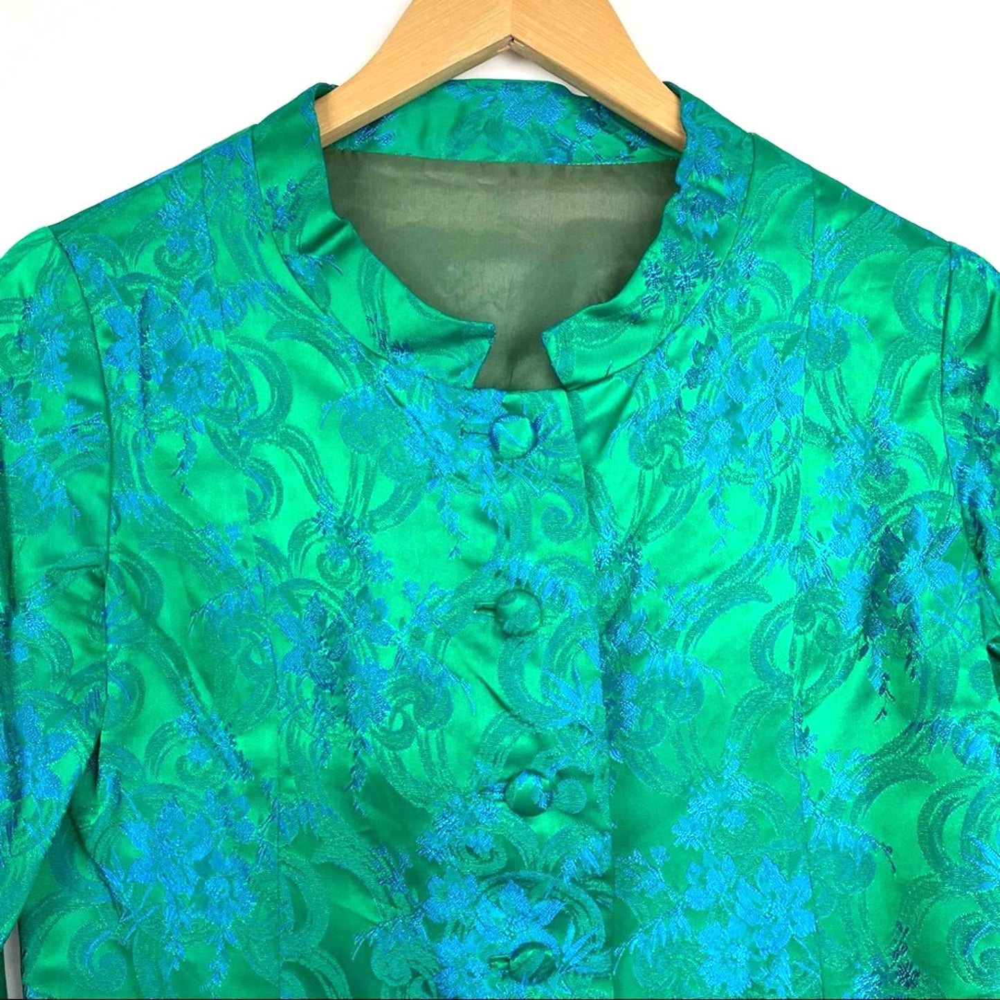 Vintage 1960s Silk Evening Jacket Green Blue Shiny 3/4 Sleeve Floral