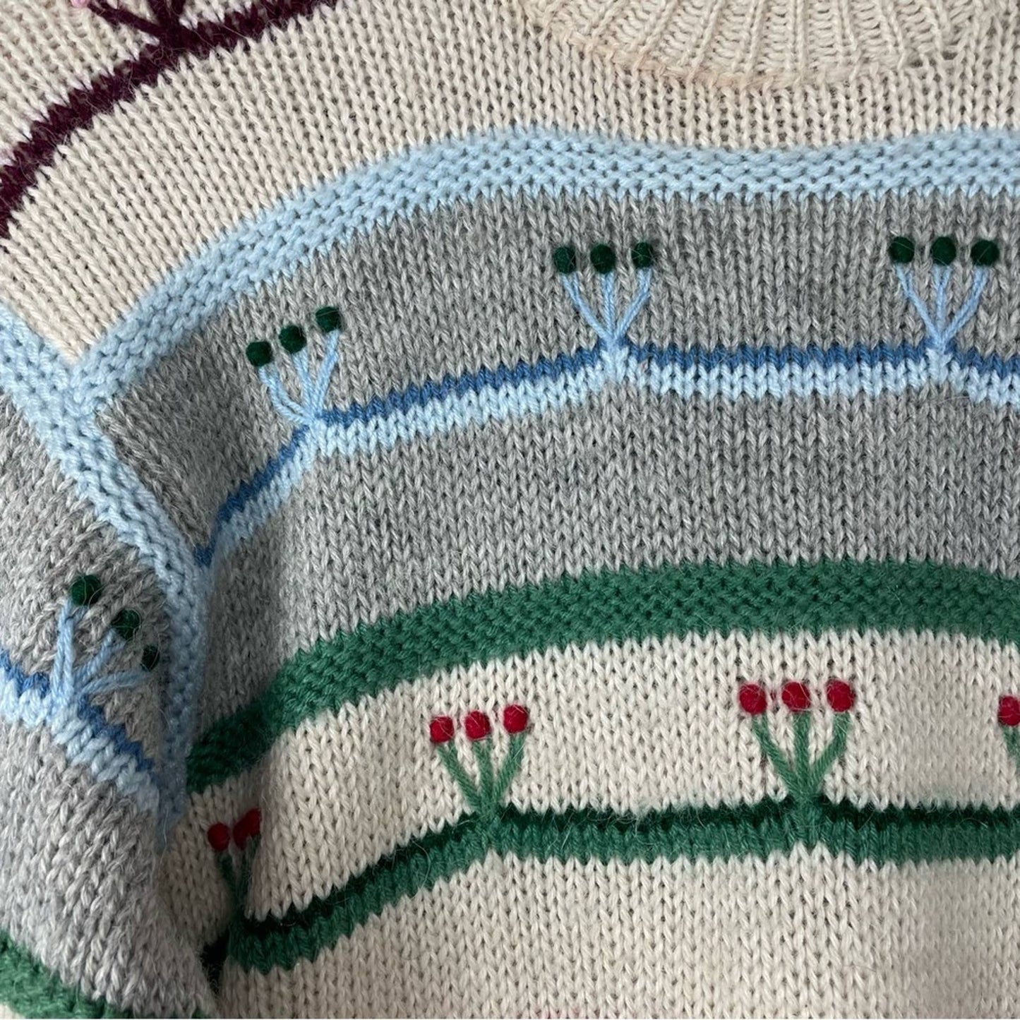 Vintage Alpaca Sweater Handmade Knit Floral Details Gray Beige Pink Blue