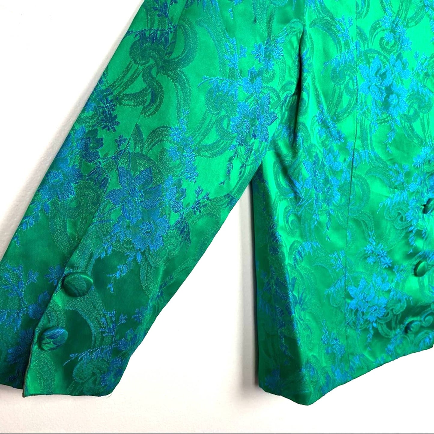 Vintage 1960s Silk Evening Jacket Green Blue Shiny 3/4 Sleeve Floral