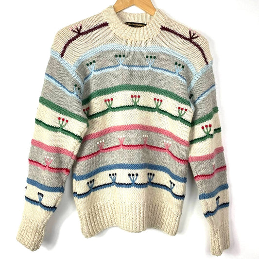 Vintage Alpaca Sweater Handmade Knit Floral Details Gray Beige Pink Blue