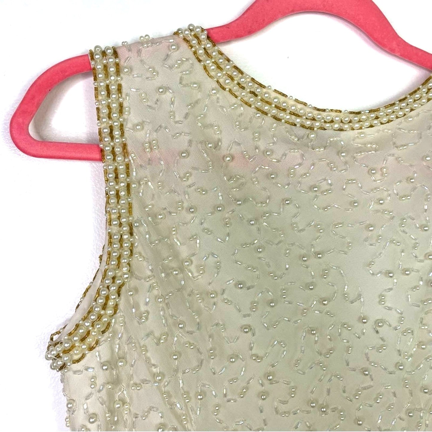 Vintage Silk Beaded Pearls Blouse Tank Top White Gold Sparkle