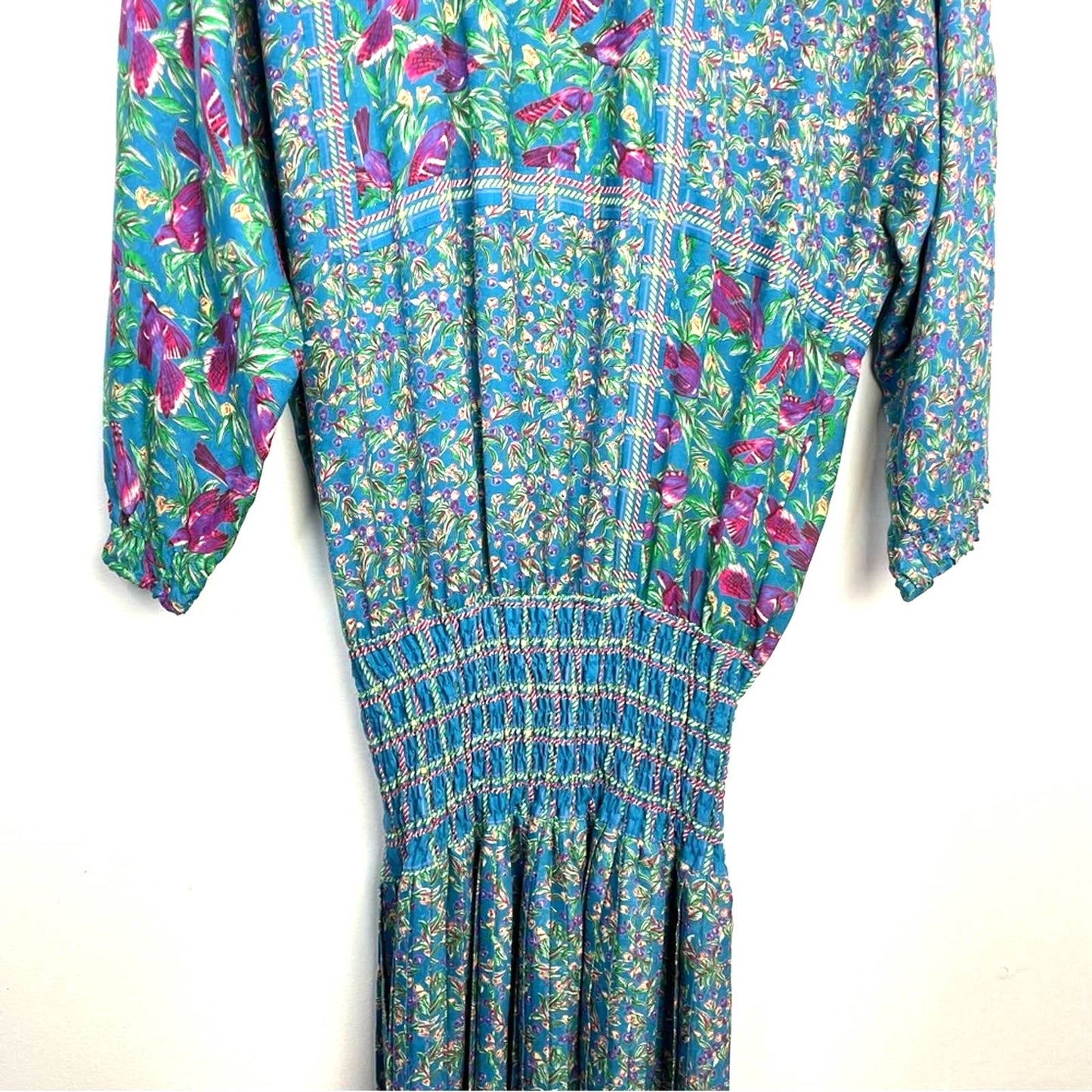 Vintage | Diane Freis Dress Blue Floral and Bird Pattern