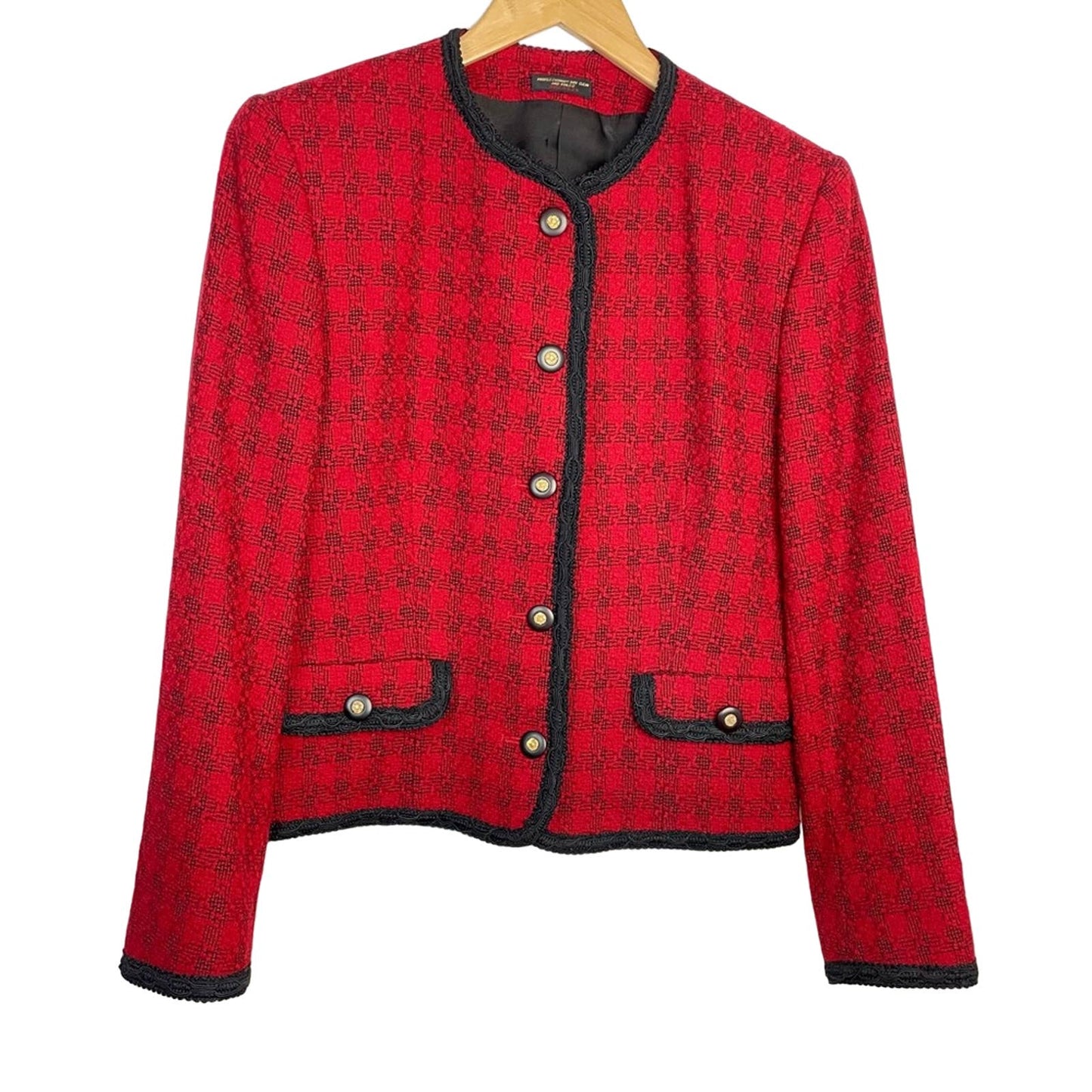 Vintage Red Wool Blazer Black Accents Gold Buttons