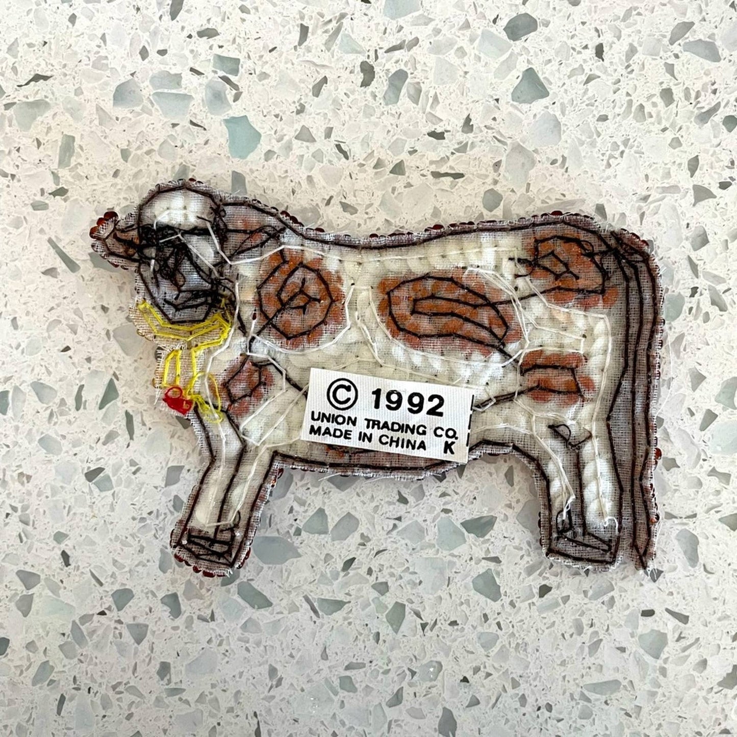 Vintage Brown Cow Pin Sequin Beaded Patch