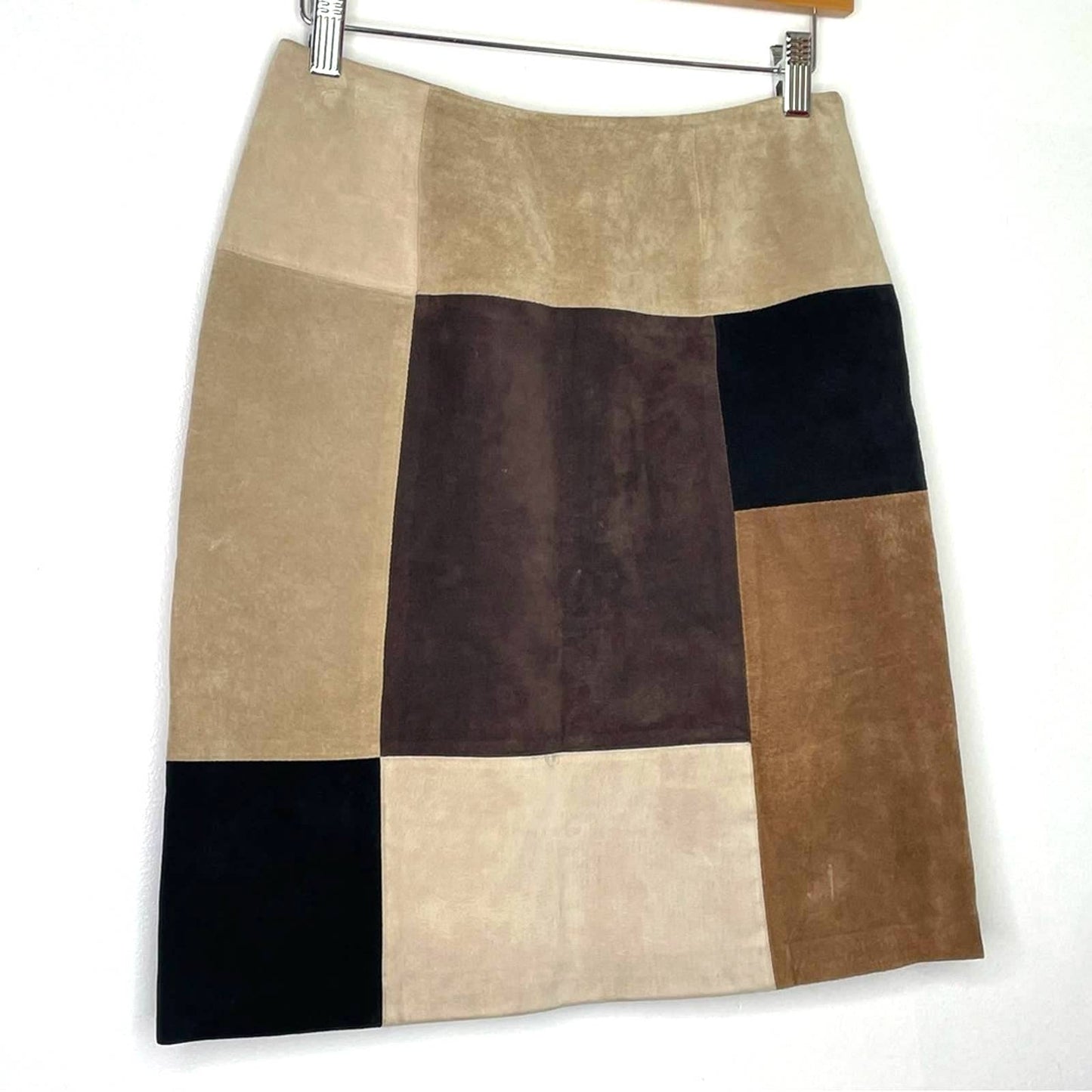 Leather Skirt Suede Brown Tan Black Block Print