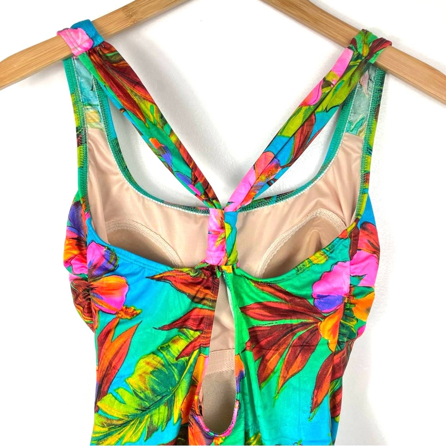 Vintage Tropical Bathing Suit One Piece Pink Green Floral Hawaiian 14