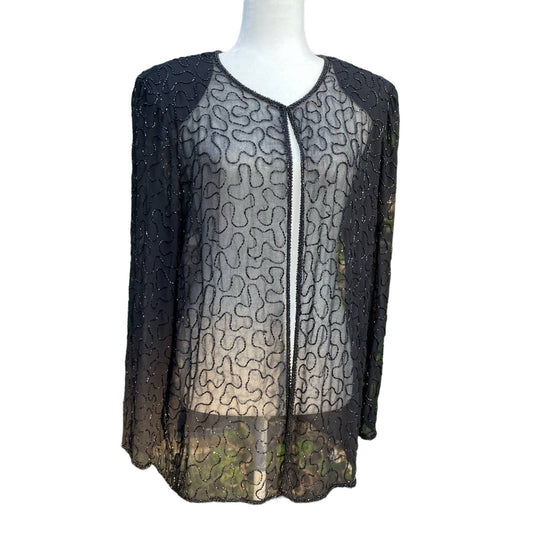 Vintage Silk Beaded Blouse Black Sheer Top