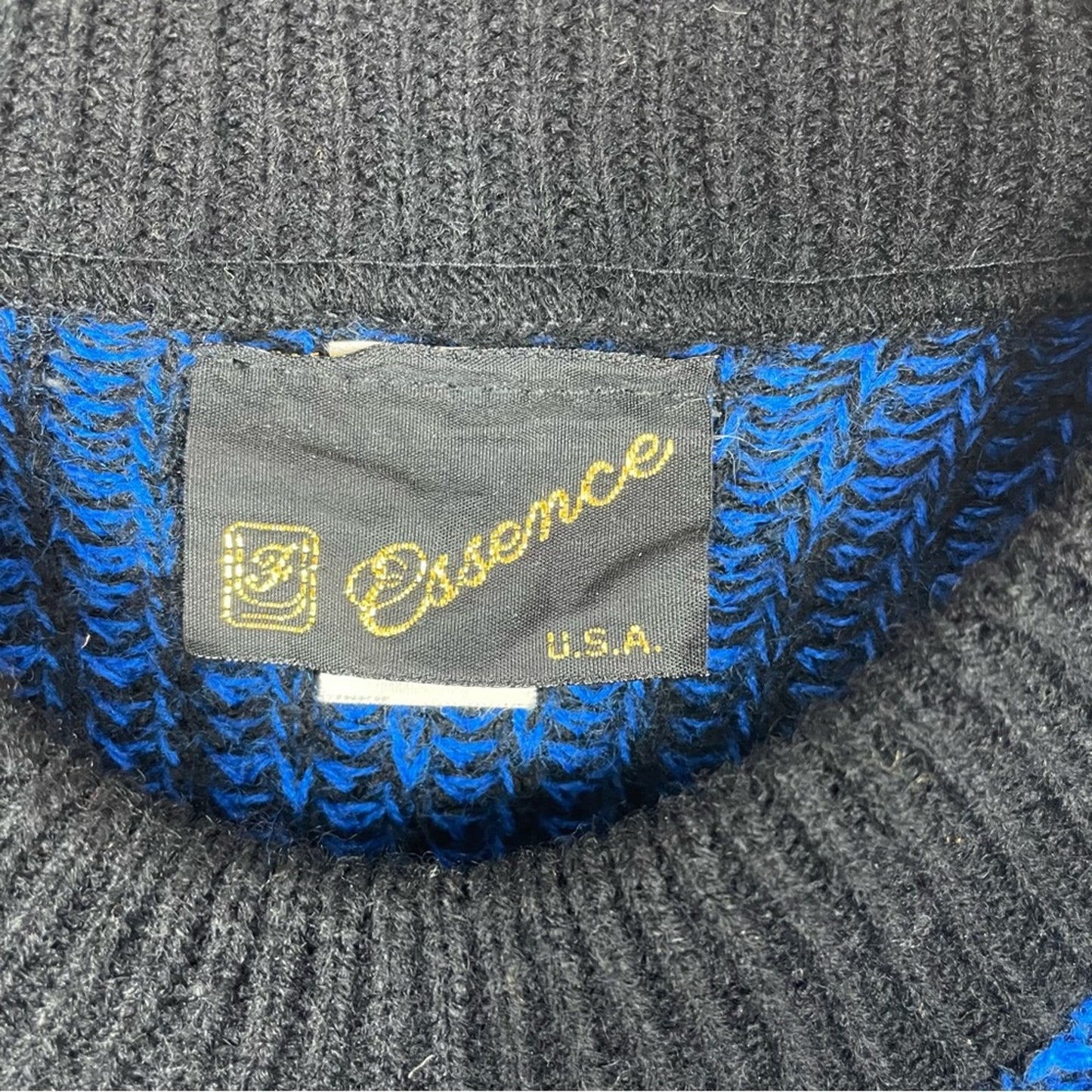 Vintage Blue & Black Knit Sweater 1980s Geometric Chunky
