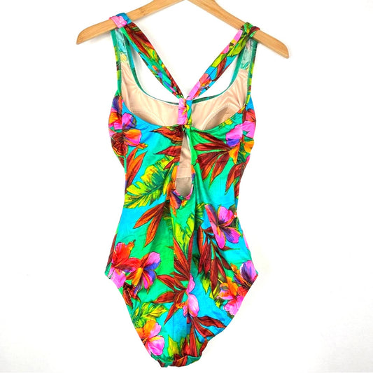 Vintage Tropical Bathing Suit One Piece Pink Green Floral Hawaiian 14