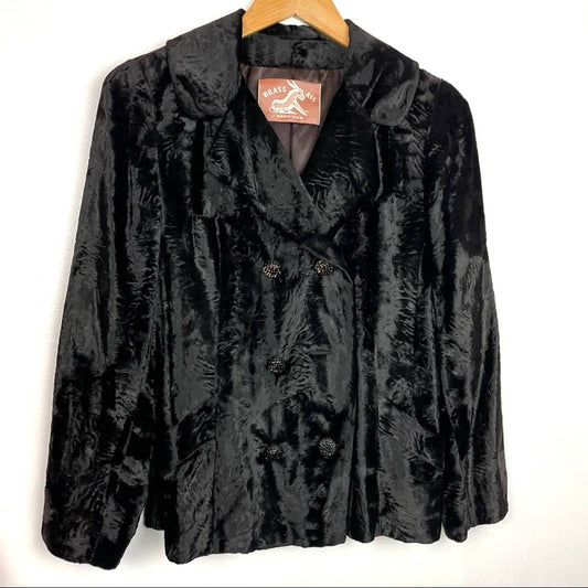 Vintage Black Faux Fur Jacket Rhinestone Buttons Borella Fur