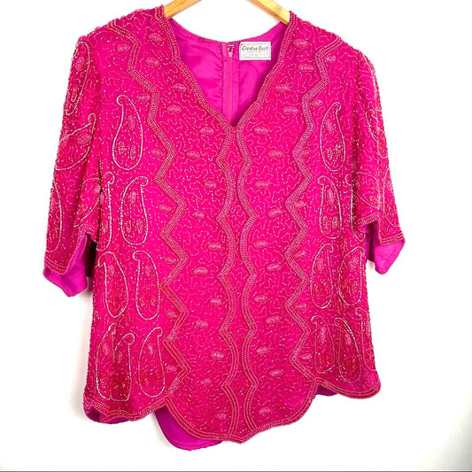 Vintage 100% Silk Hot Pink Beaded Top Blouse 1980s