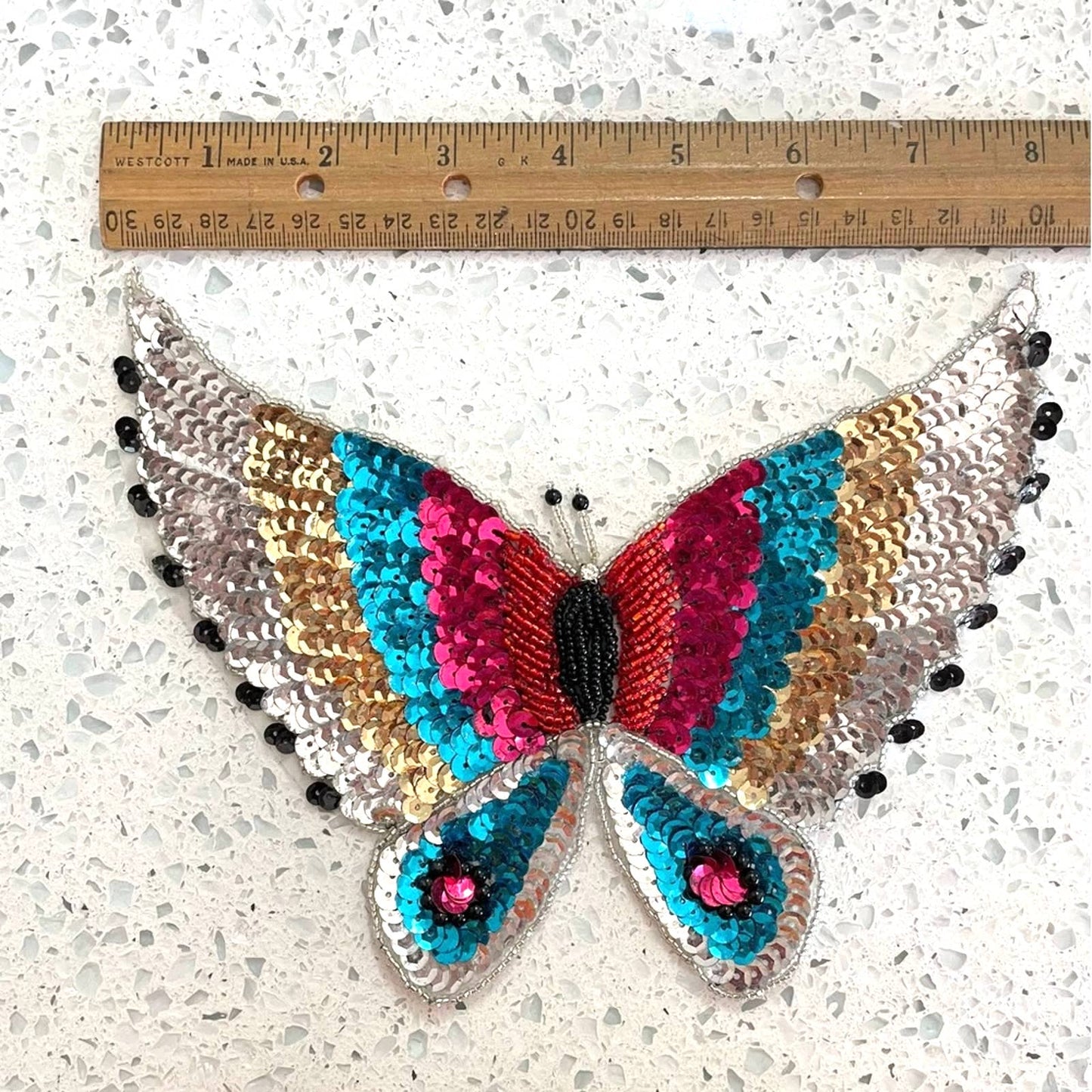 Vintage Butterfly Sequin Patch Large Light Blue Turquoise & Dark Blue