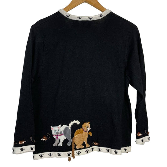 Cat Sweater Novelty 3D Fuzzy Jeweled Black & White Cardigan