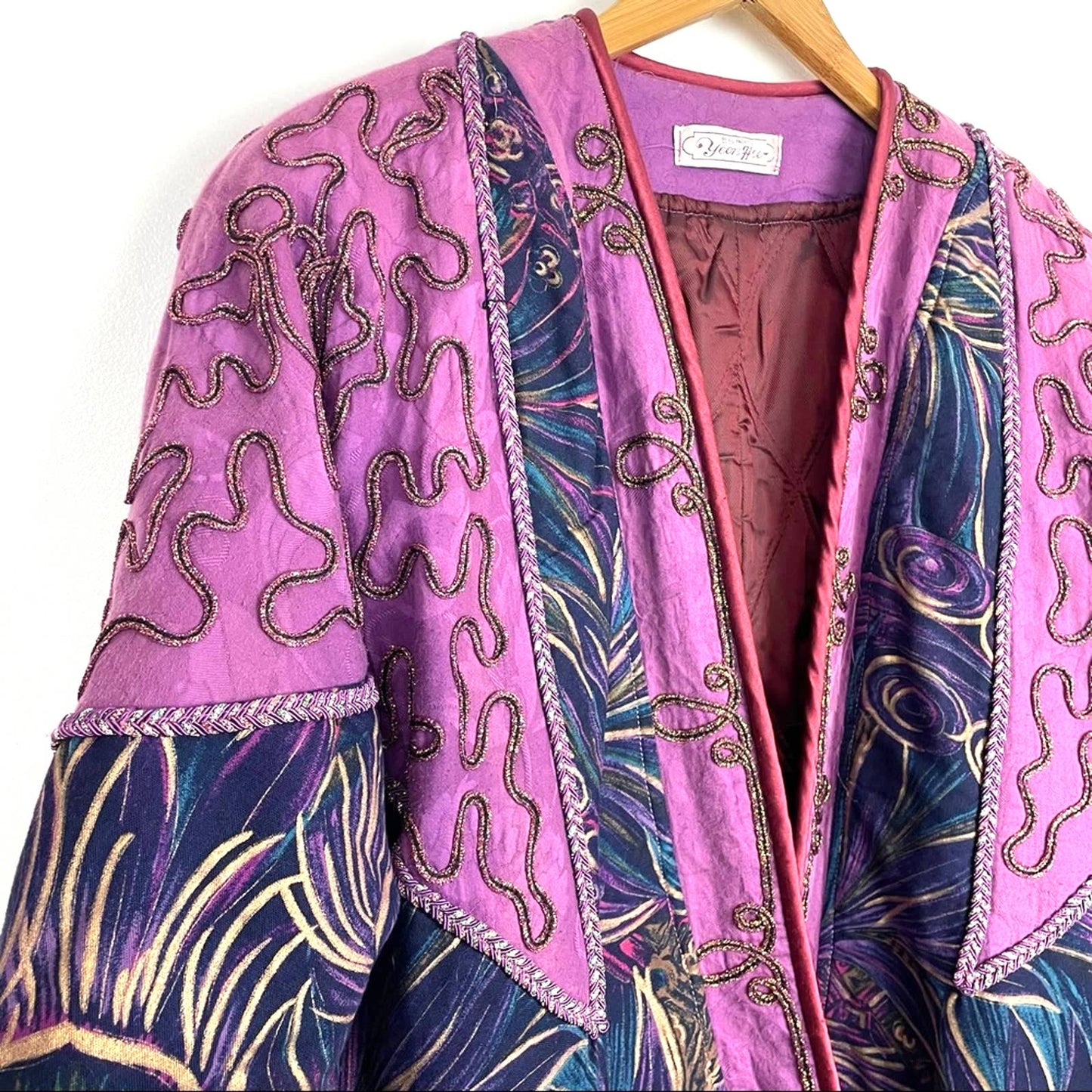 Vintage | Purple Jacket Peacock Print Boho Ribbon XL