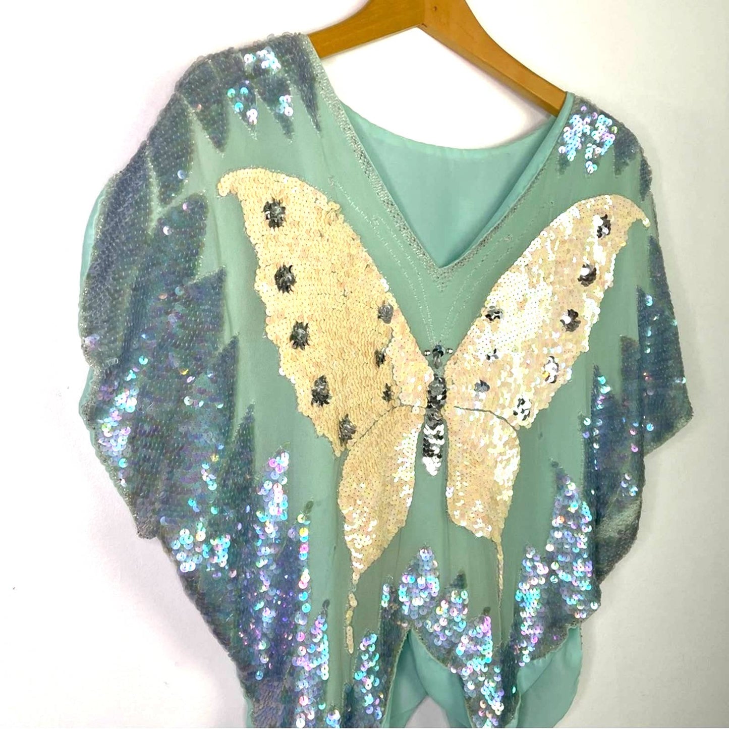 Vintage Butterfly Sequin Top Blue White Silk Small