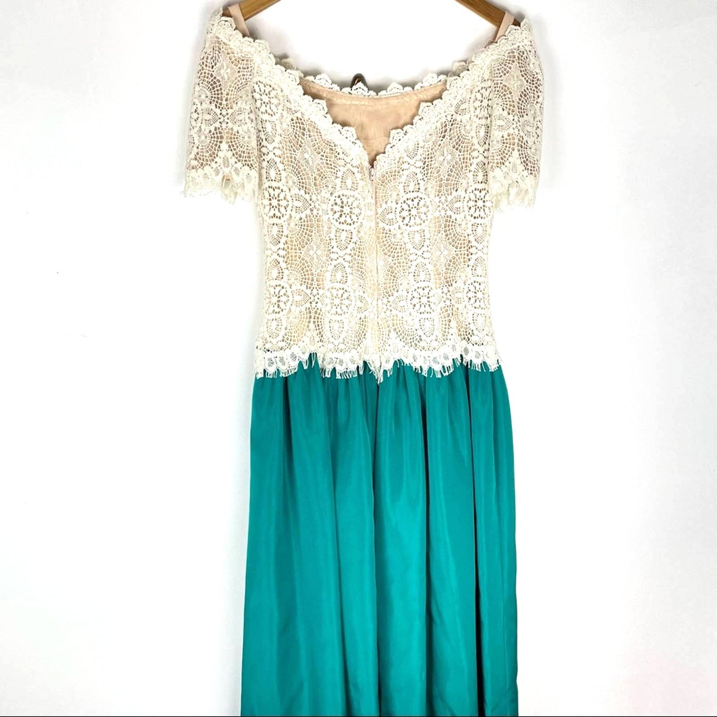 House of Bianchi | Vintage Lace Dress Off the Shoulder Formal Green Skirt