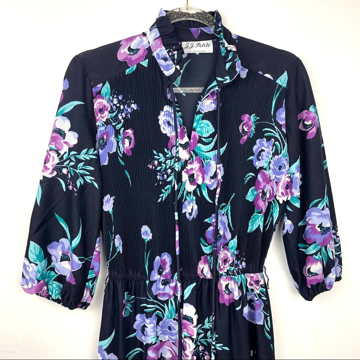 Vintage Floral Dress 1970s California Black Purple Small