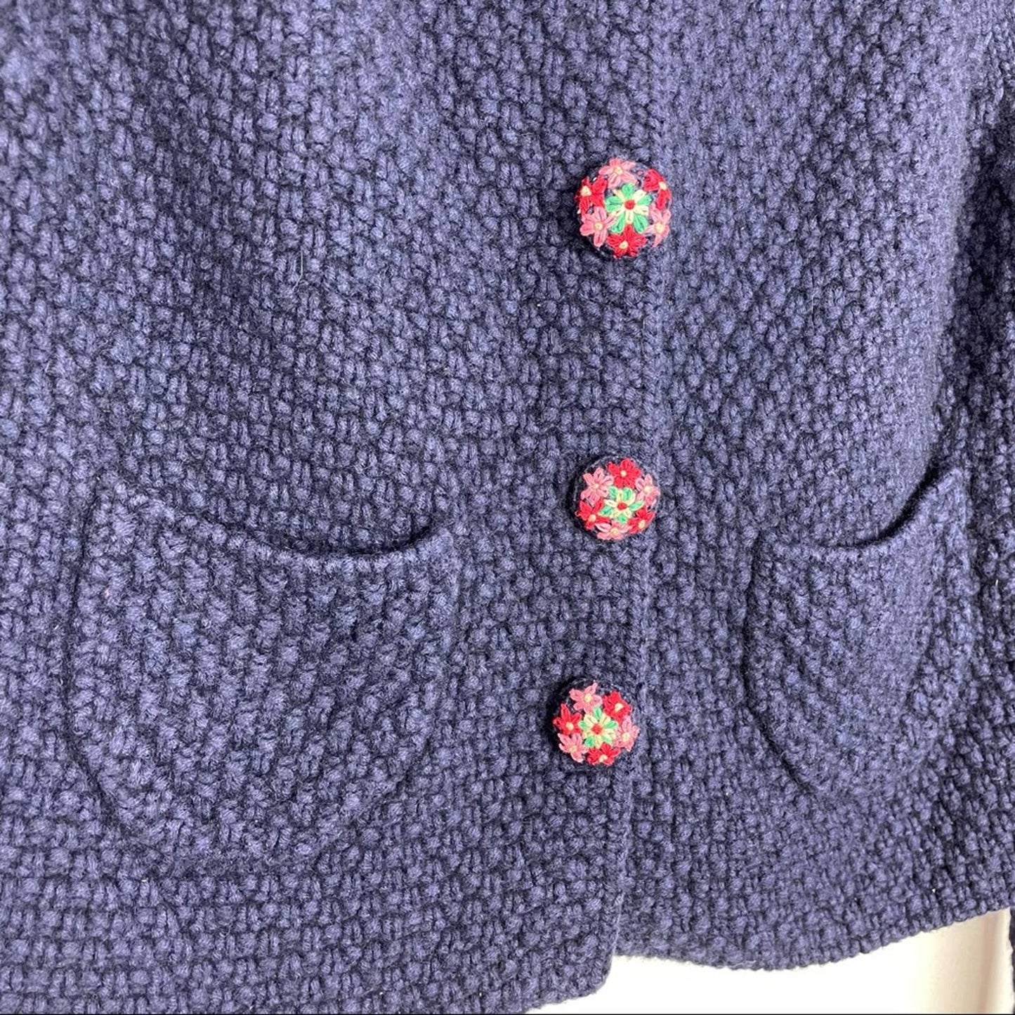 Blue Knit Cardigan Sweater Embroidered Buttons Cotton Wool Blend