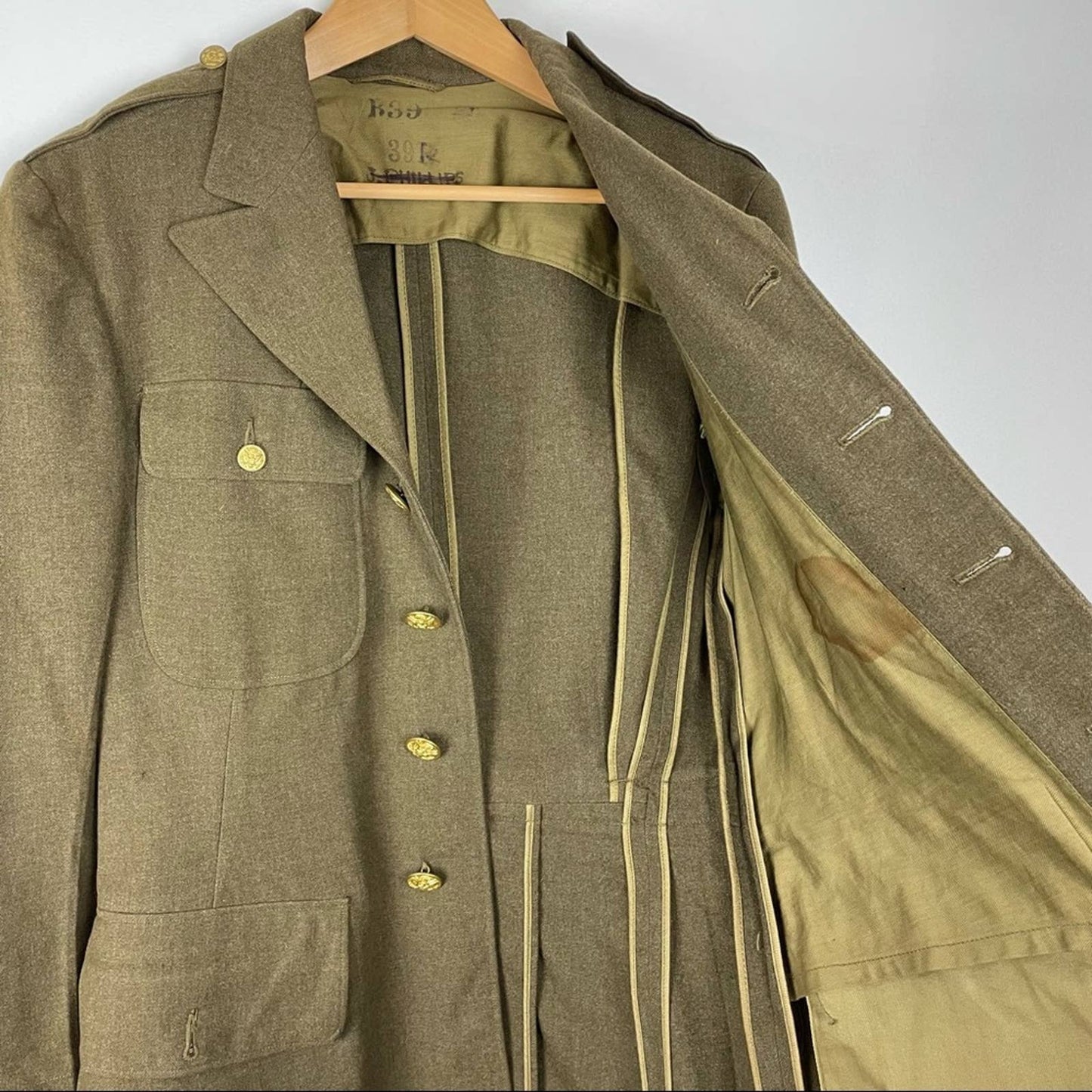 Vintage Mens Wool Military Jacket World War II Green Coat
