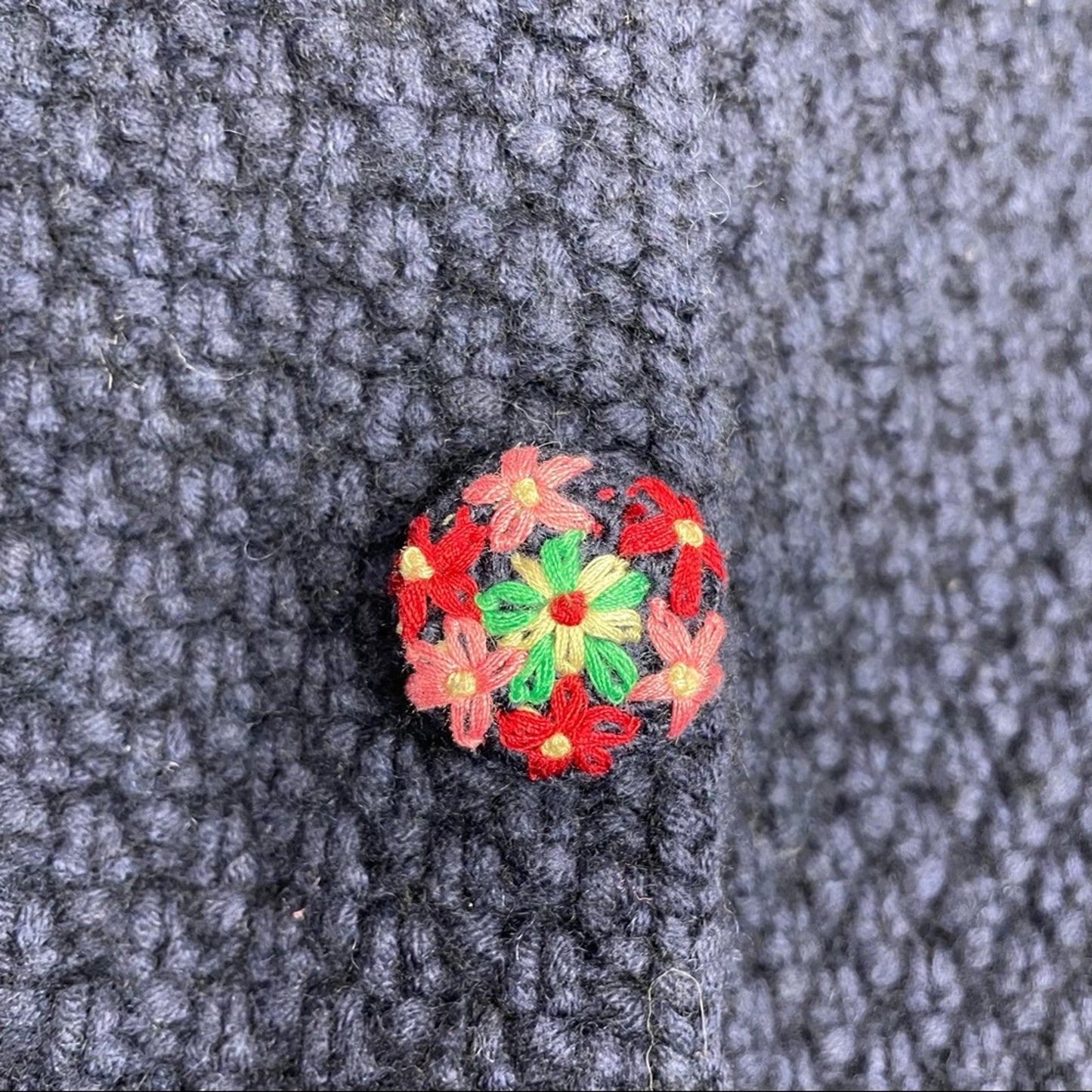Blue Knit Cardigan Sweater Embroidered Buttons Cotton Wool Blend