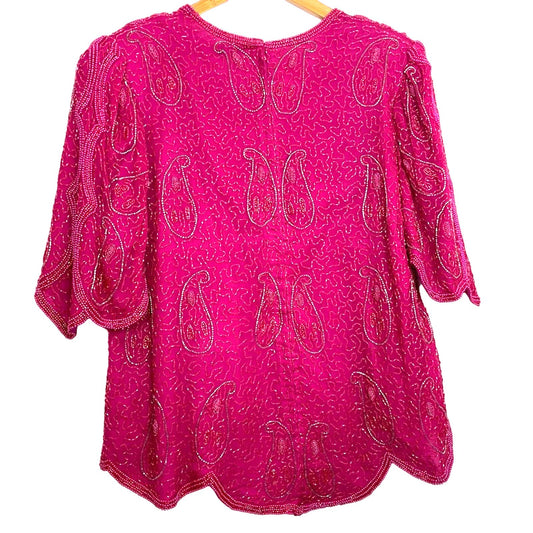 Vintage 100% Silk Hot Pink Beaded Top Blouse 1980s