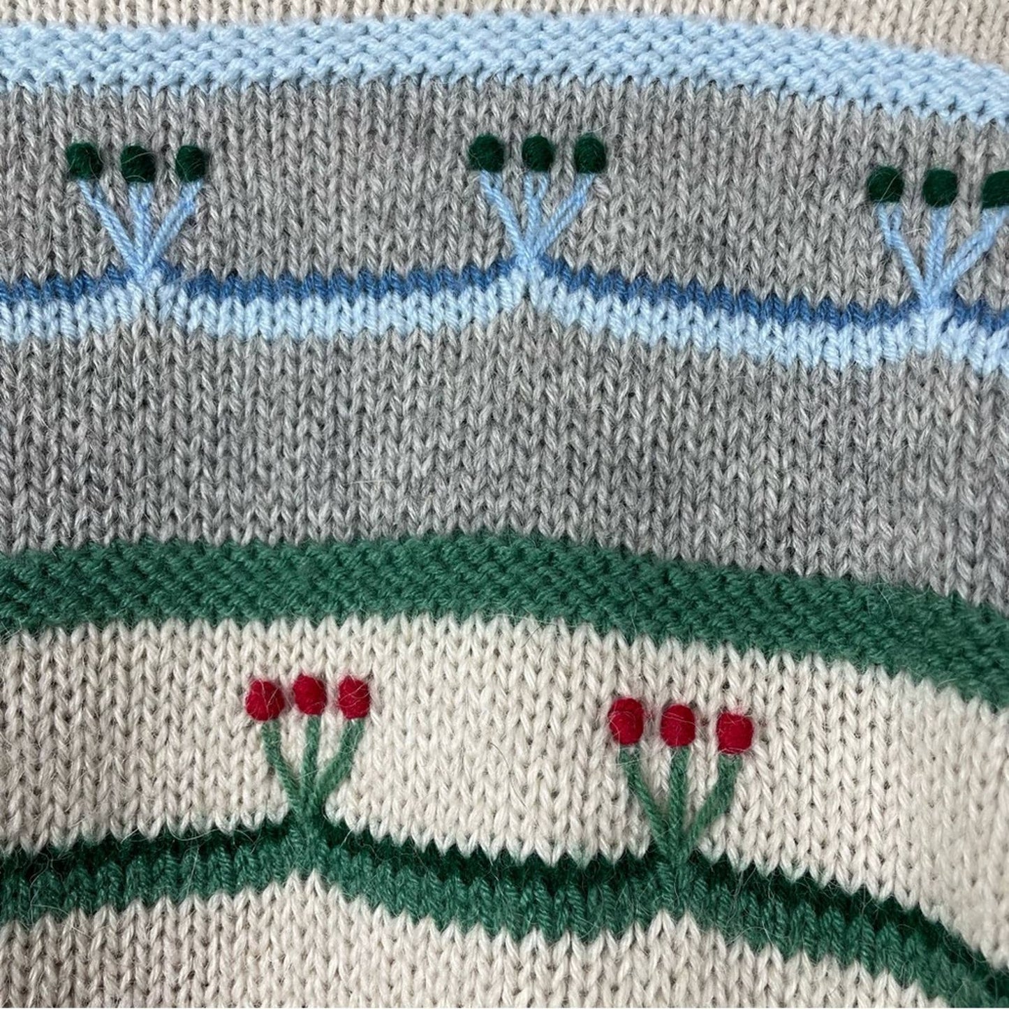 Vintage Alpaca Sweater Handmade Knit Floral Details Gray Beige Pink Blue