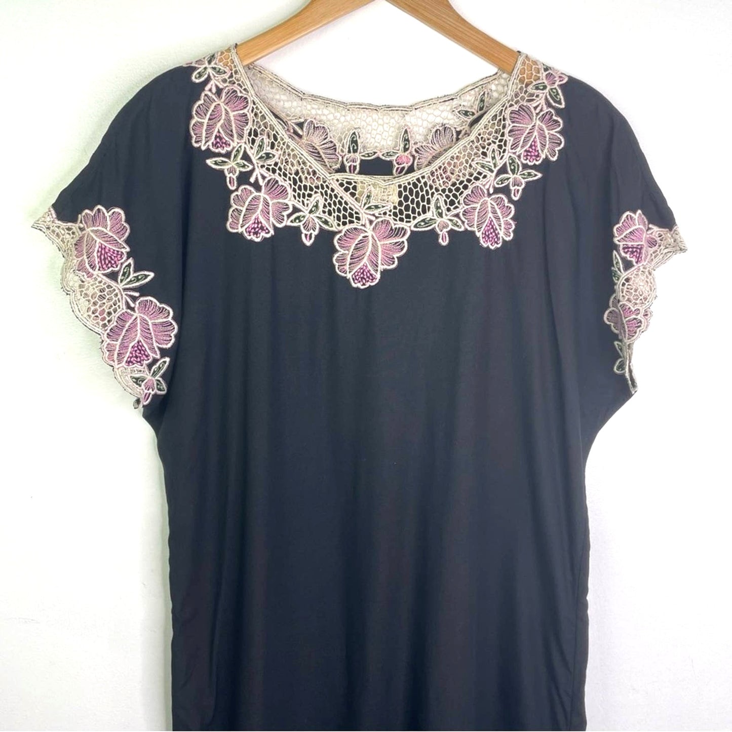 Vintage Embroidered Black Dress  White Floral Lace Rayon Dress Pink Green