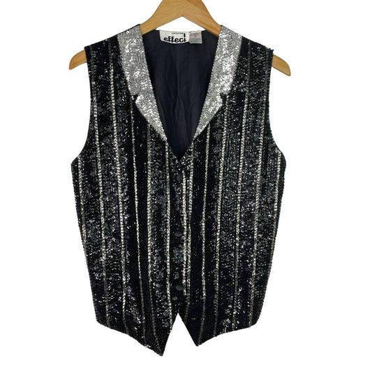 Vintage Sequin Vest Tuxedo Black & Silver Stripes M