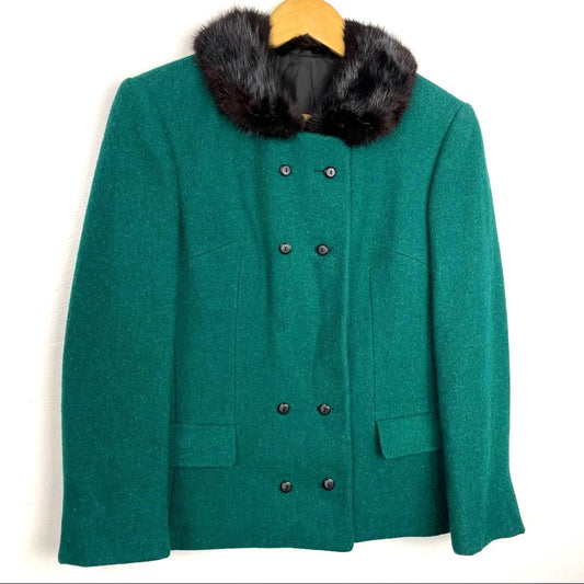 Vintage Green Wool & Real Fur Collar Jacket 1960s