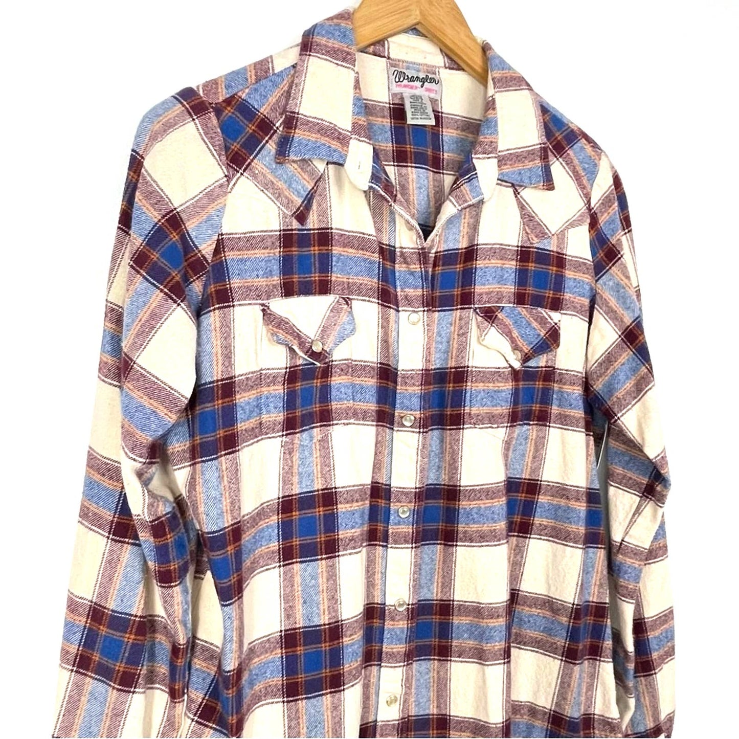 Vintage Wrangler Flannel Shirt Plaid Blue Cream Large