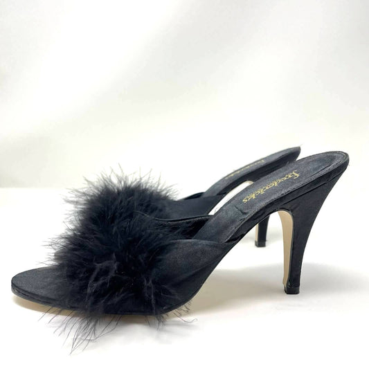 Vintage Frederick’s of Hollywood Black Marabou Heels Sandals Feathers 9