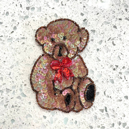 Vintage Teddy Bear Sequin Patch Brown Red Bow Small Baby