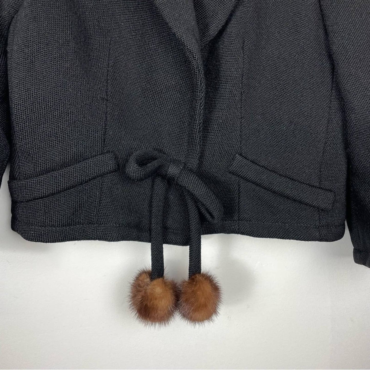 Vintage Black Wool Cardigan Jacket Fur Balls Bow Knit