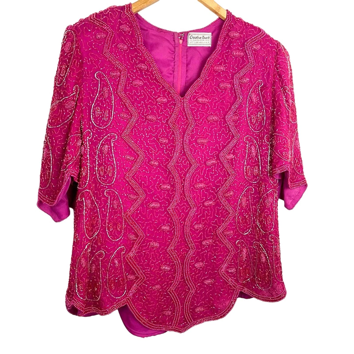 Vintage 100% Silk Hot Pink Beaded Top Blouse 1980s