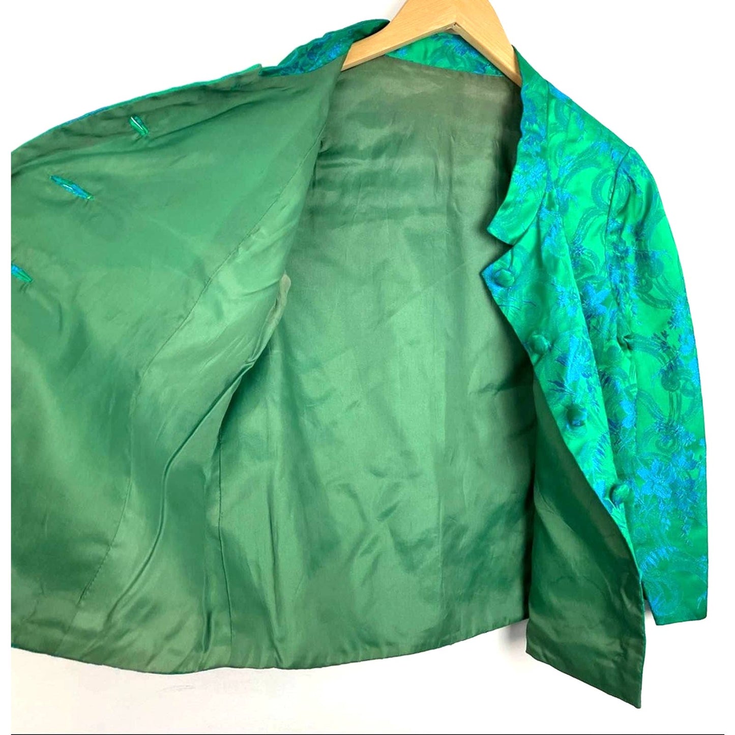 Vintage 1960s Silk Evening Jacket Green Blue Shiny 3/4 Sleeve Floral