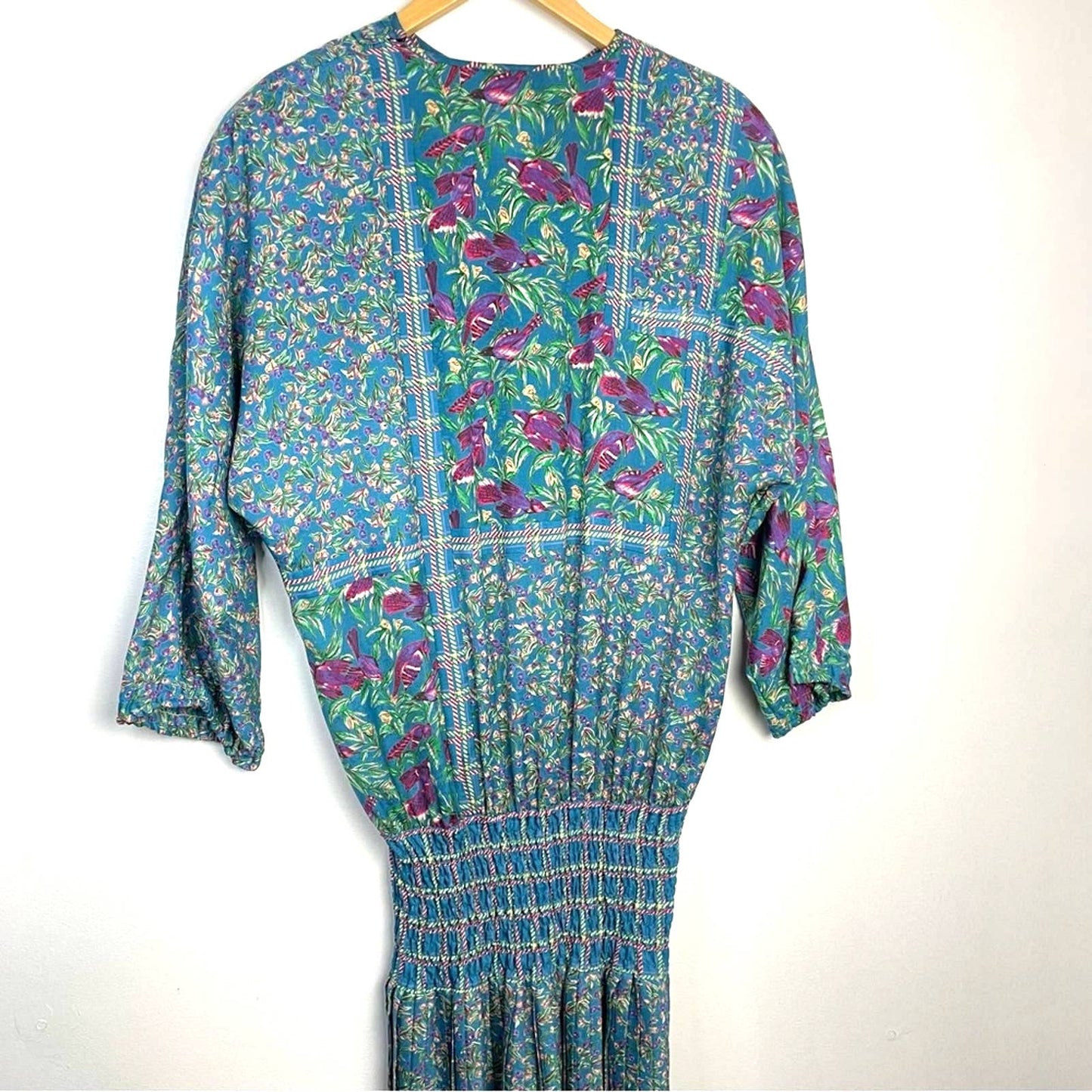 Vintage | Diane Freis Dress Blue Floral and Bird Pattern