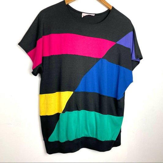 Vintage Color Block 1980s Top Short Sleeve Black Green Pink Colorful Shirt