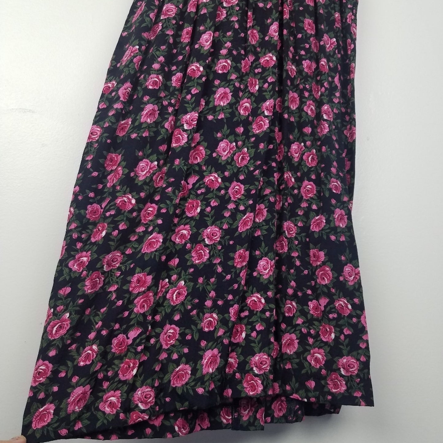Vintage Pink Rose Print Shirt Dress Black Gold Buttons 8