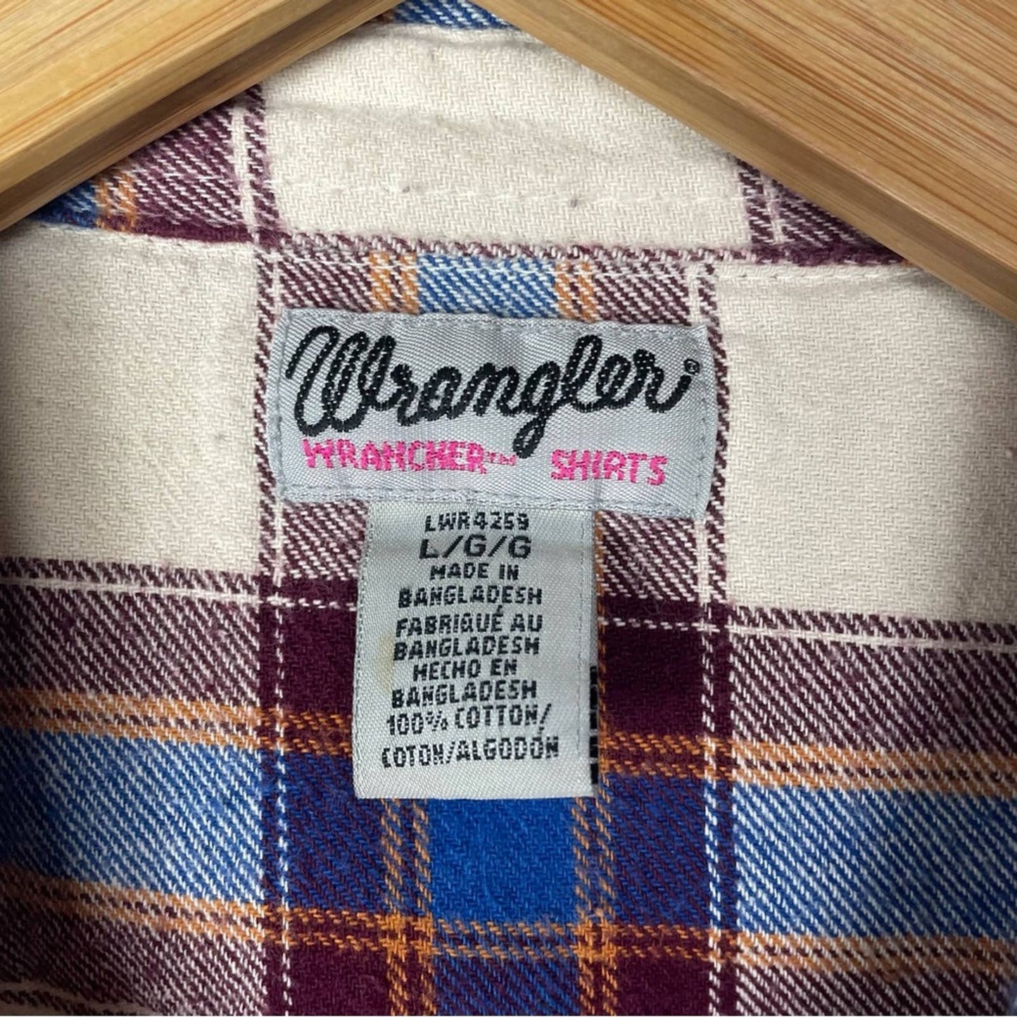 Vintage Wrangler Flannel Shirt Plaid Blue Cream Large