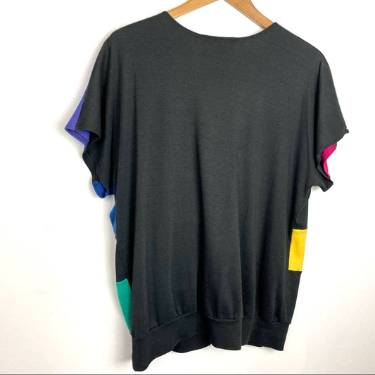 Vintage Color Block 1980s Top Short Sleeve Black Green Pink Colorful Shirt